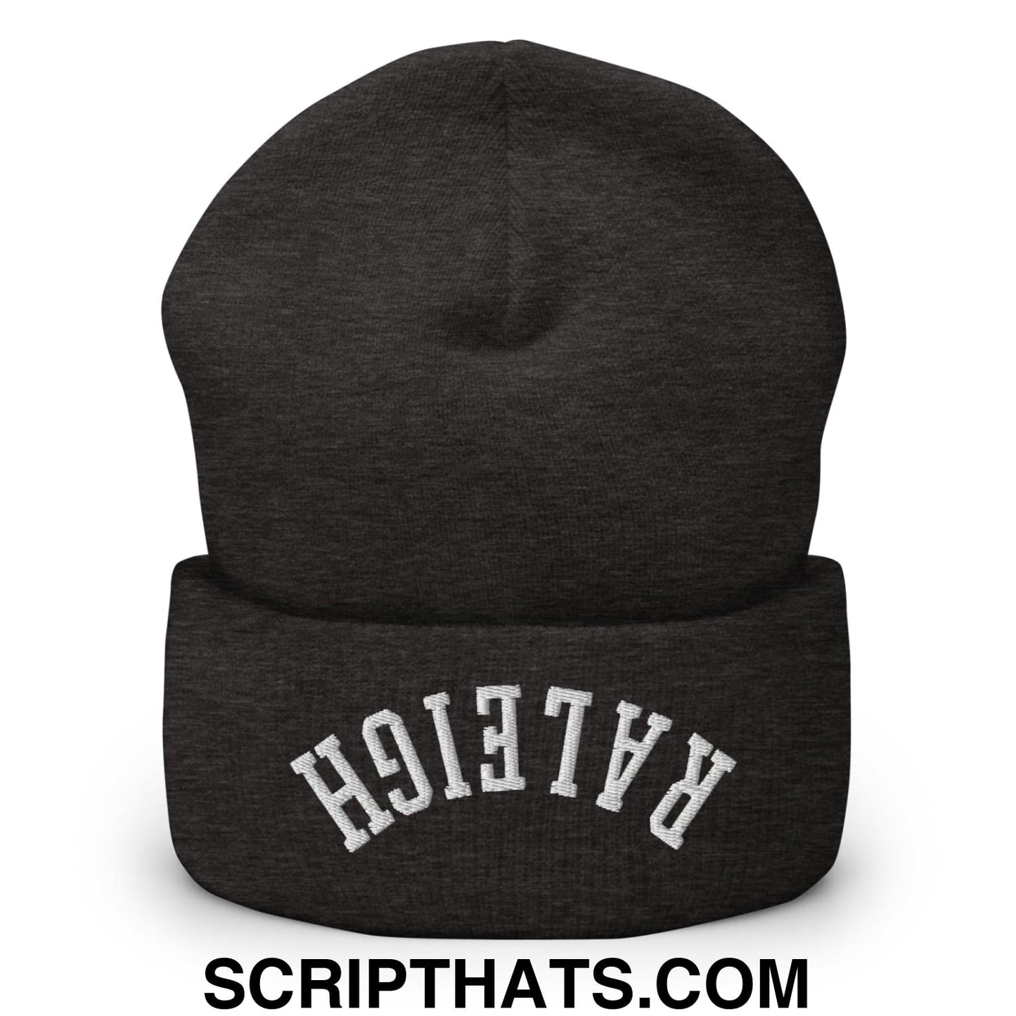 Black heathered knit cuffed beanie with white upside down raleigh embroidery in a cozy winter design