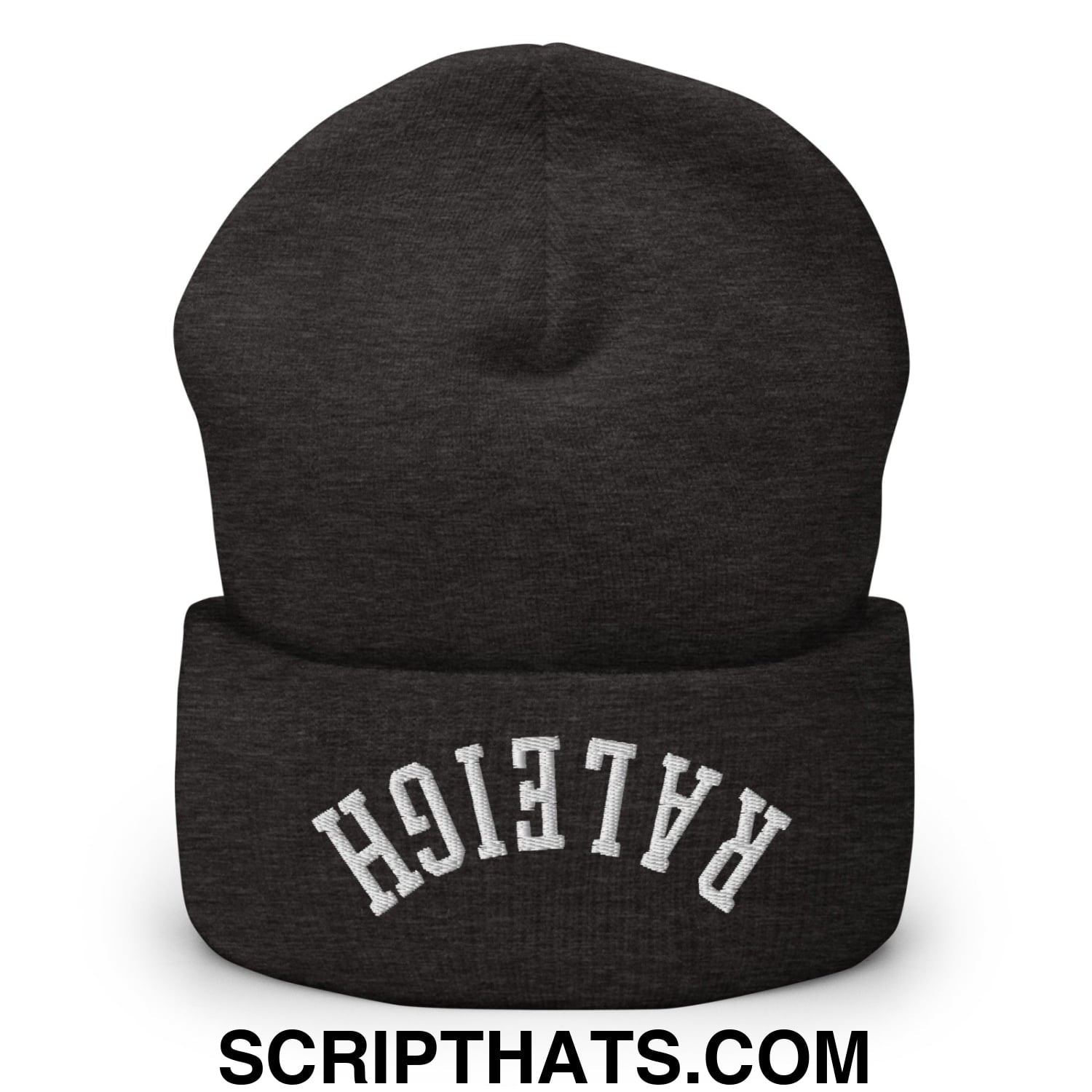 Black heathered knit cuffed beanie with white upside down raleigh embroidery in a cozy winter design