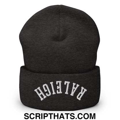 Black heathered knit cuffed beanie with white upside down raleigh embroidery in a cozy winter design