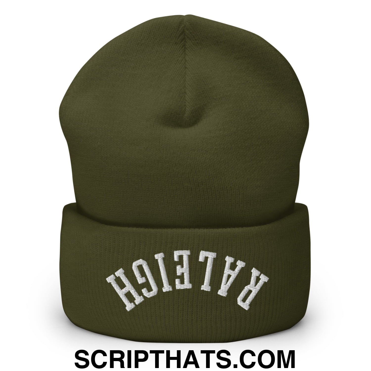 Olive green knit beanie with white embroidered raleigh on the folded cuff upsidedown raleigh embroidered cuffed knit beanie