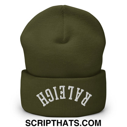 Olive green knit beanie with white embroidered raleigh on the folded cuff upsidedown raleigh embroidered cuffed knit beanie