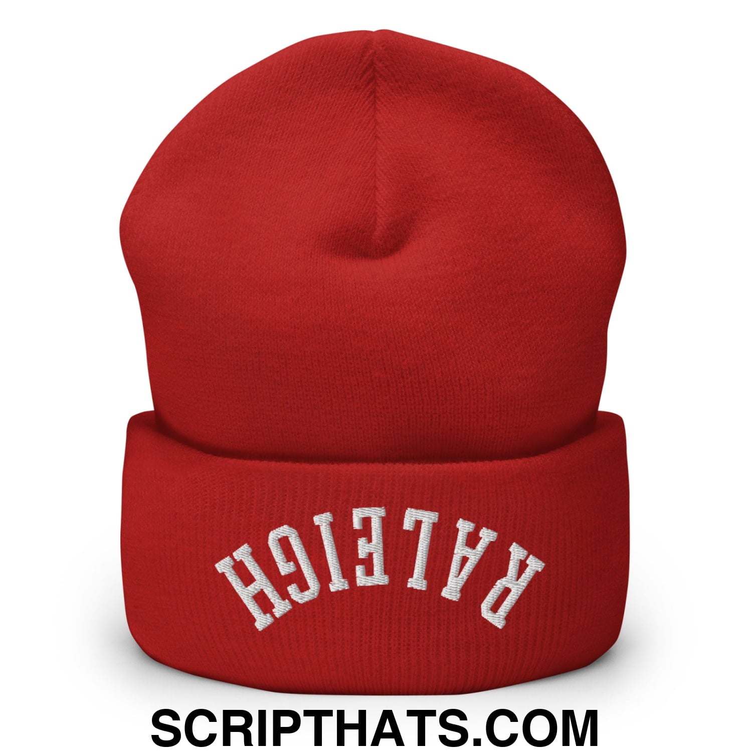 A vibrant red knit cuffed beanie with upside down raleigh embroidered in white arched lettering