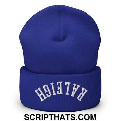 Royal blue knit cuffed beanie with white raleigh embroidery made of soft material for cold weather use