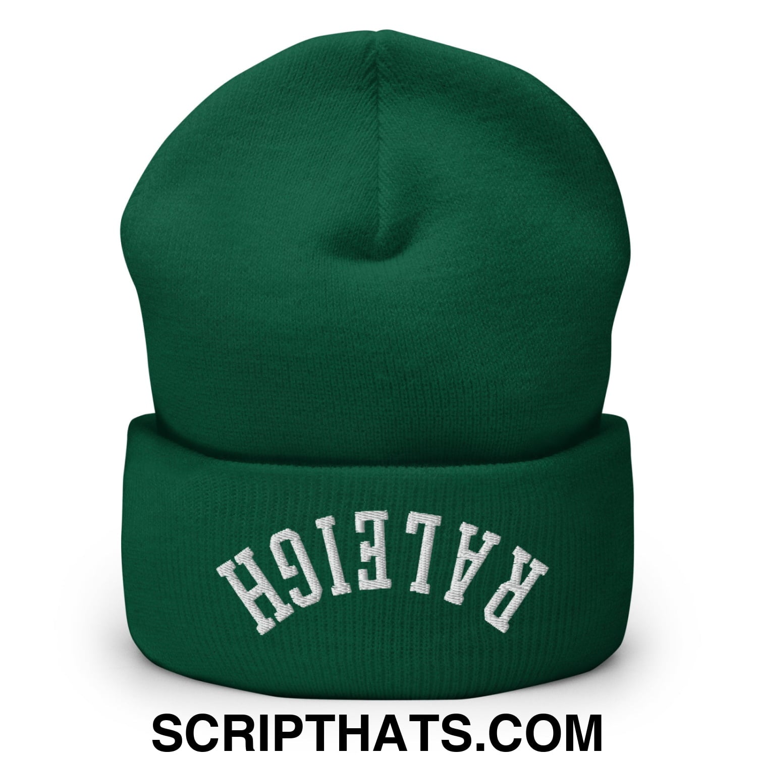 A dark green knit cuffed beanie with white raleigh embroidery in arched lettering on the front