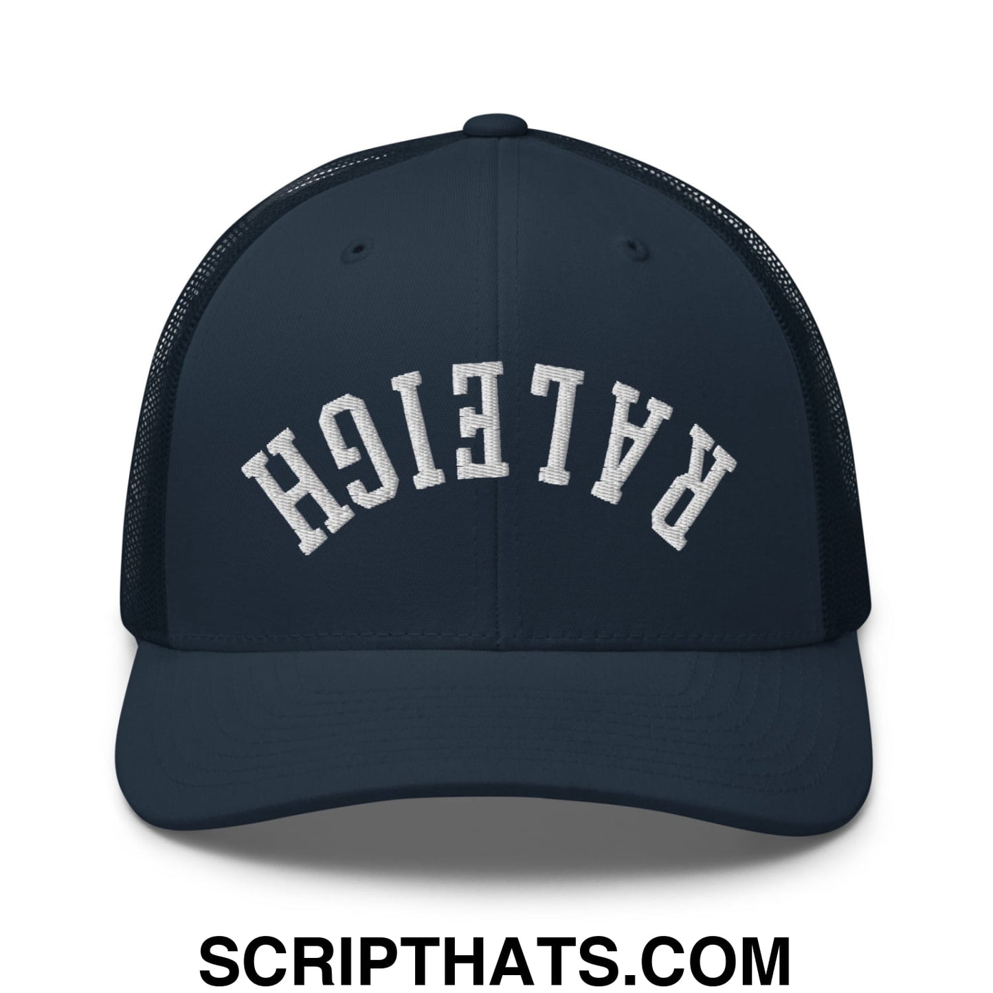 Upside Down Raleigh Embroidered Mesh Trucker Hat Navy