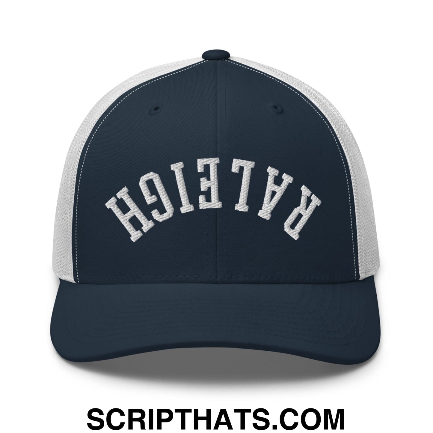 Upside Down Raleigh Embroidered Mesh Trucker Hat Navy White