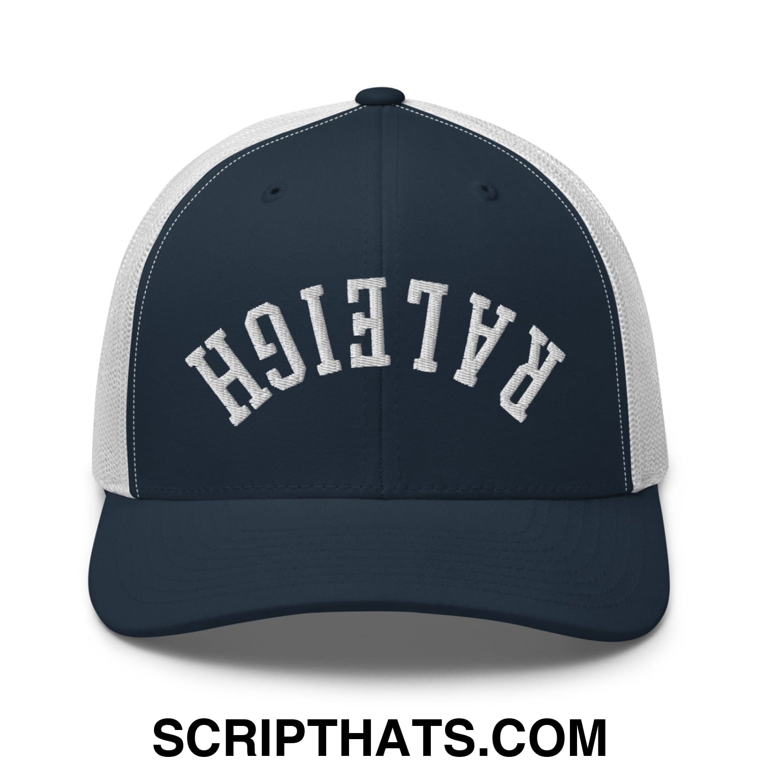 Upside Down Raleigh Embroidered Mesh Trucker Hat Navy White