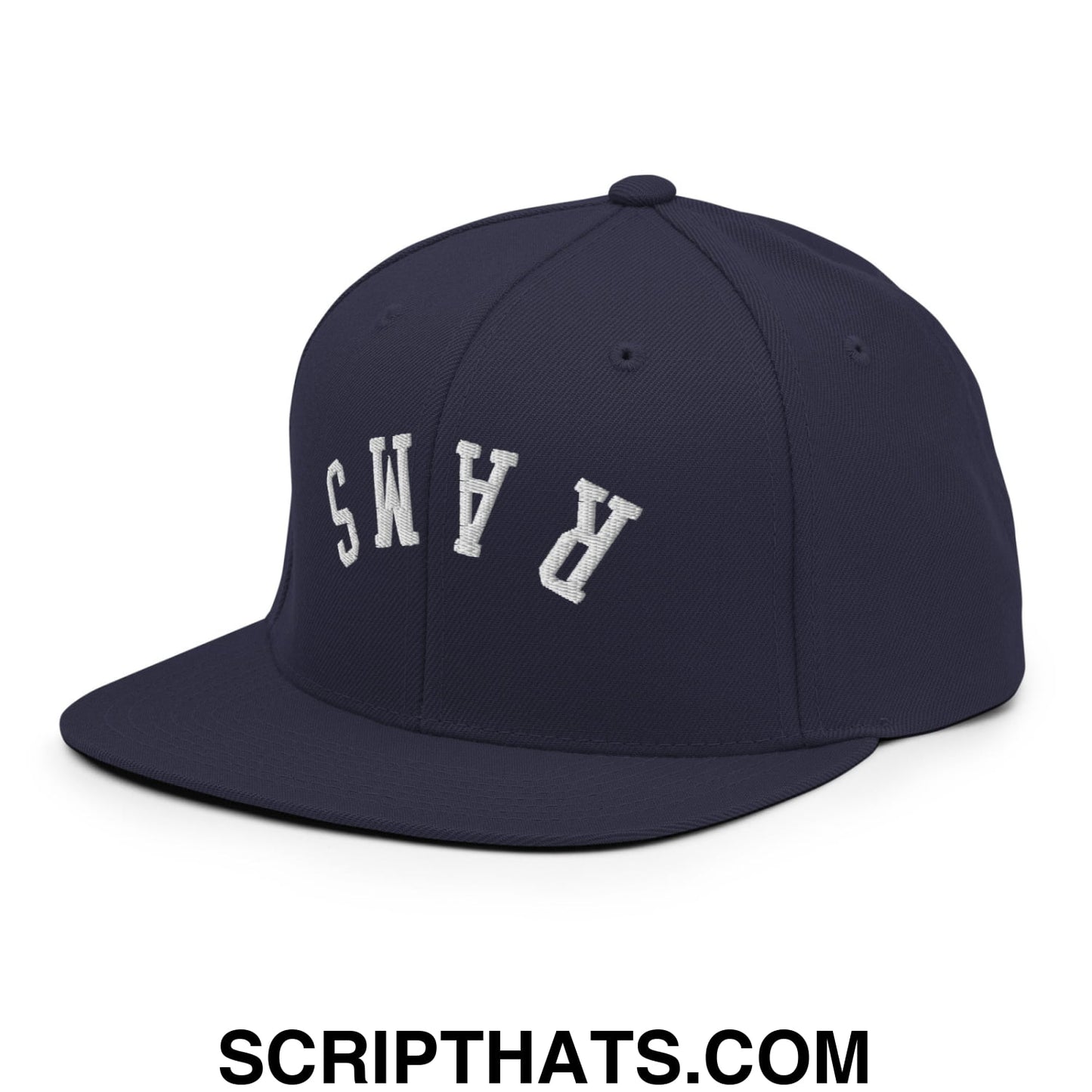 Navy blue flat bill snapback hat with white embroidered upside down rams lettering for casual wear