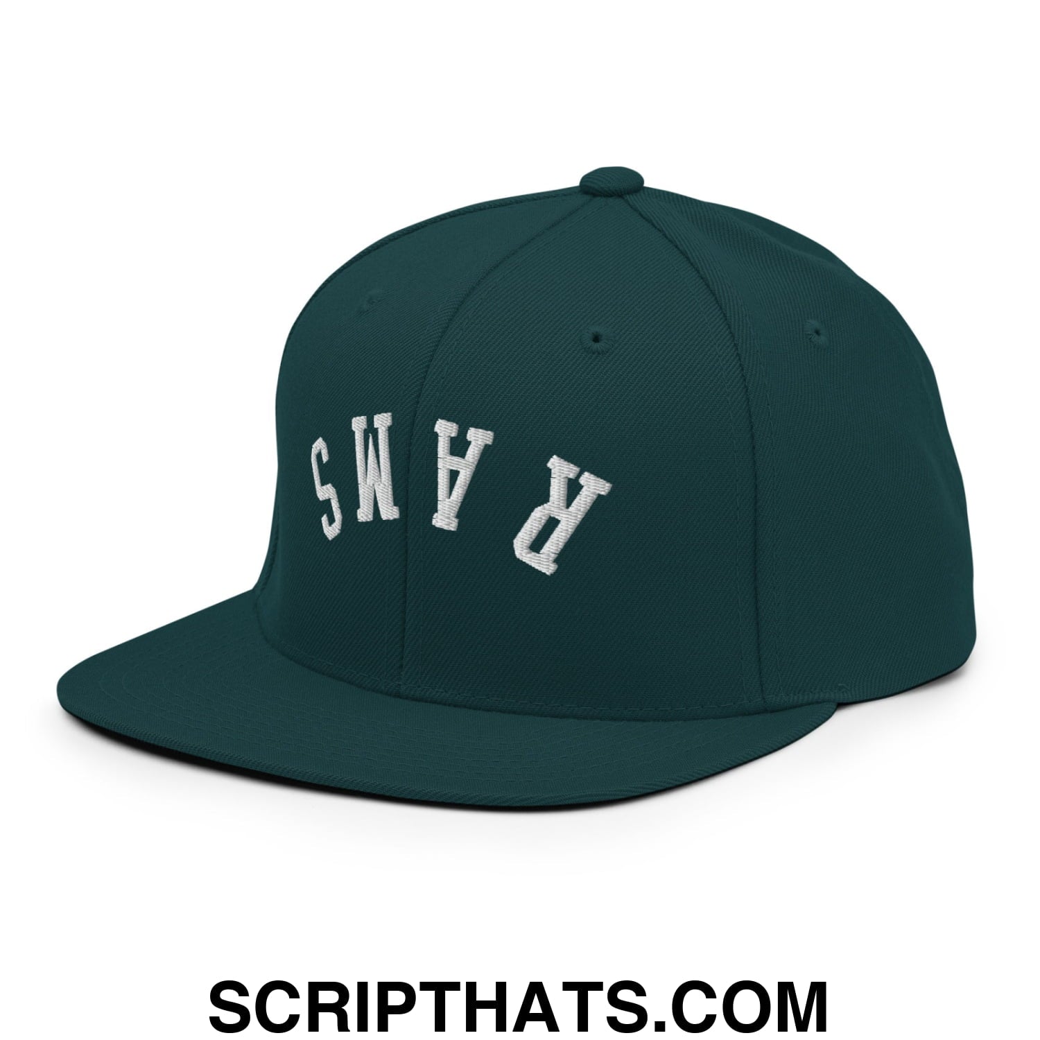 Dark green snapback hat with white embroidered rams lettering and flat bill brim, upside down design