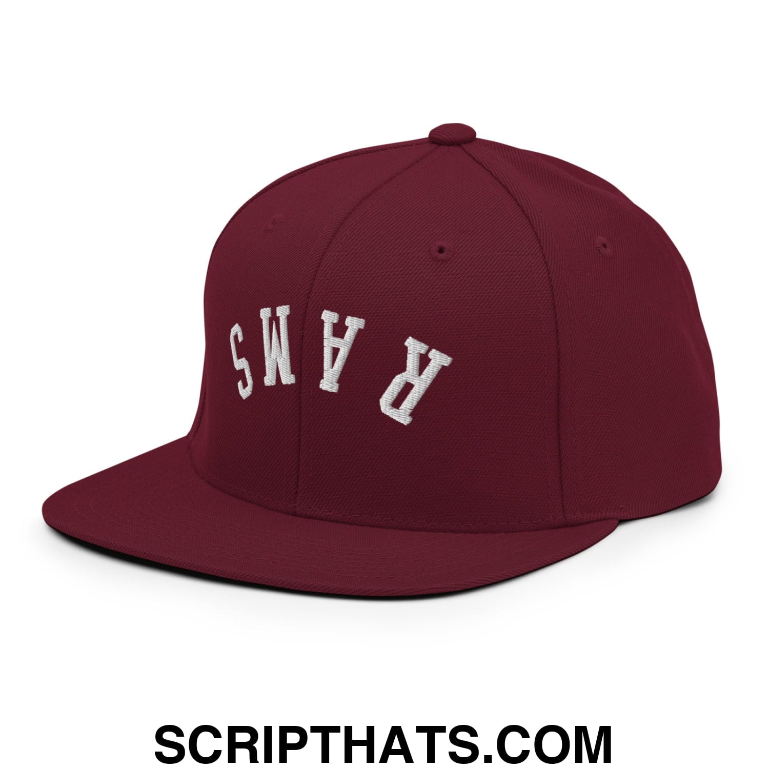Maroon snapback hat with white embroidered rams lettering and flat bill brim in upside down design