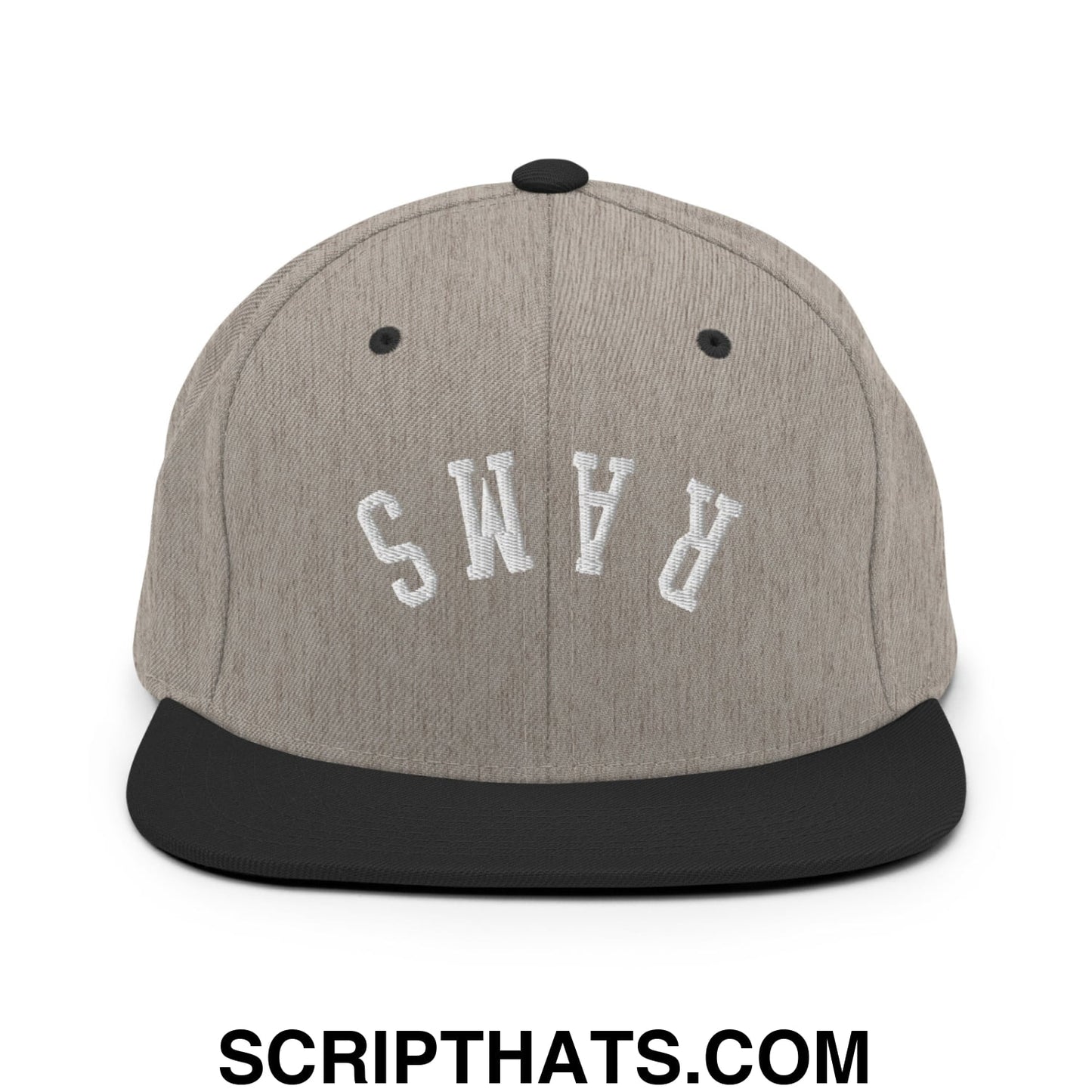 Gray heather snapback hat with black flat bill brim and white embroidered rams lettering front view