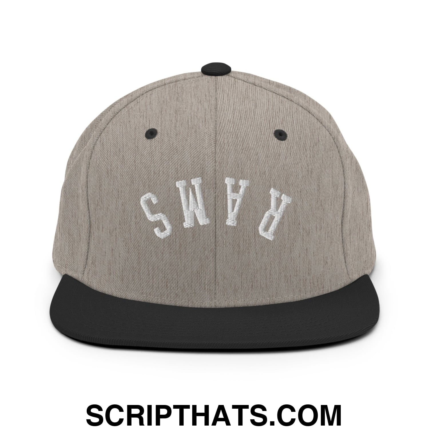 Gray heather snapback hat with black flat bill brim and white embroidered rams lettering front view