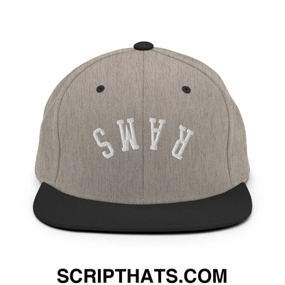Gray heather snapback hat with black flat bill brim and white embroidered rams lettering front view
