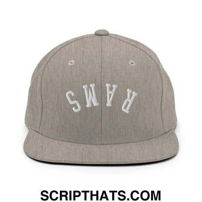 Gray heathered snapback cap with flat bill brim and white embroidered rams lettering front design