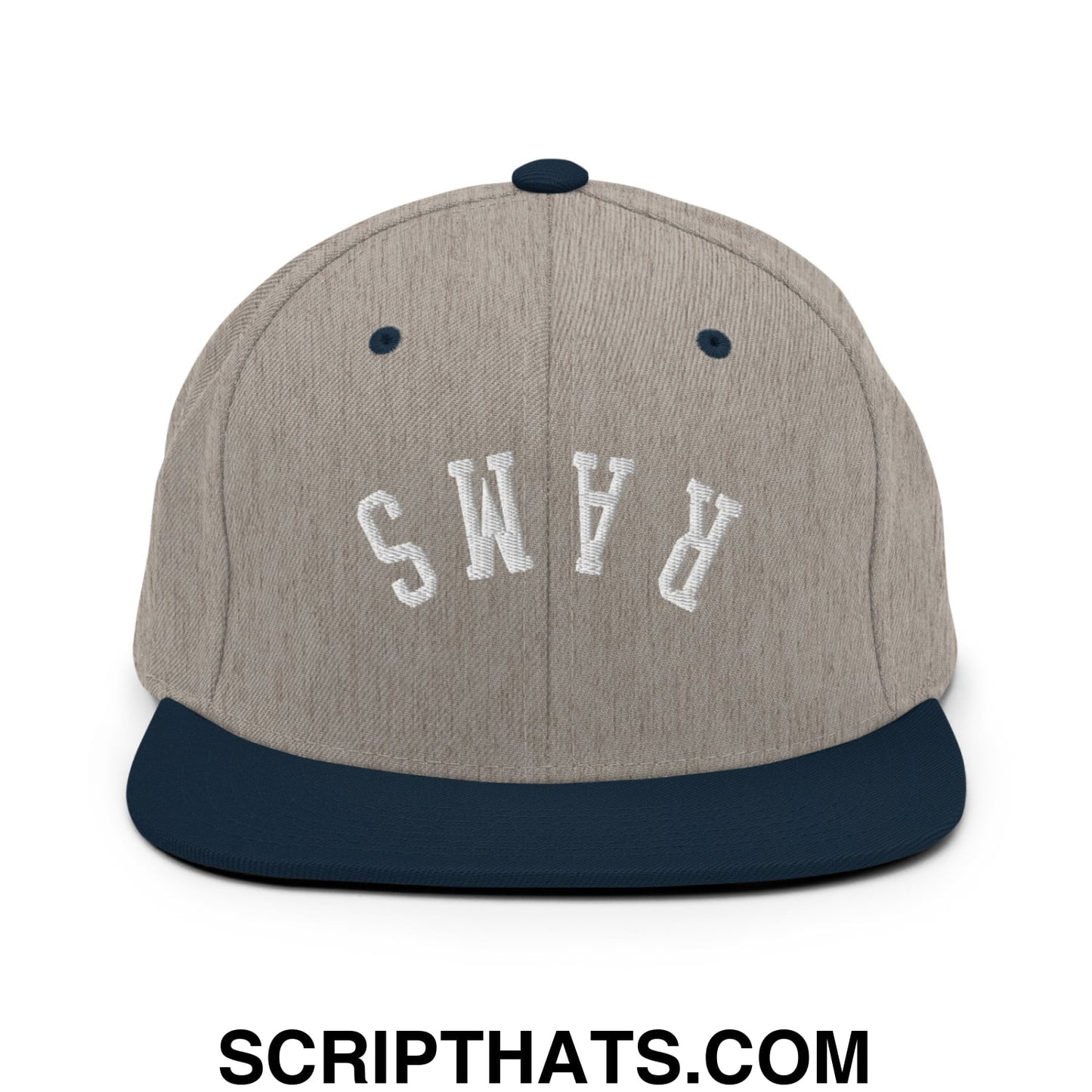 Gray and navy blue snapback cap with white arched rams embroidery and flat bill brim for casual wear