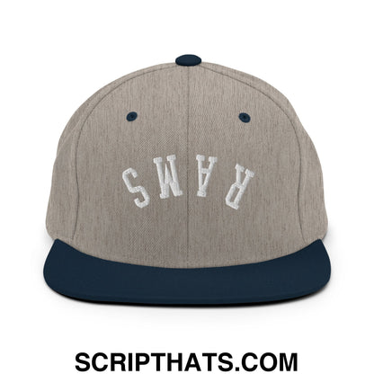 Gray and navy blue snapback cap with white arched rams embroidery and flat bill brim for casual wear