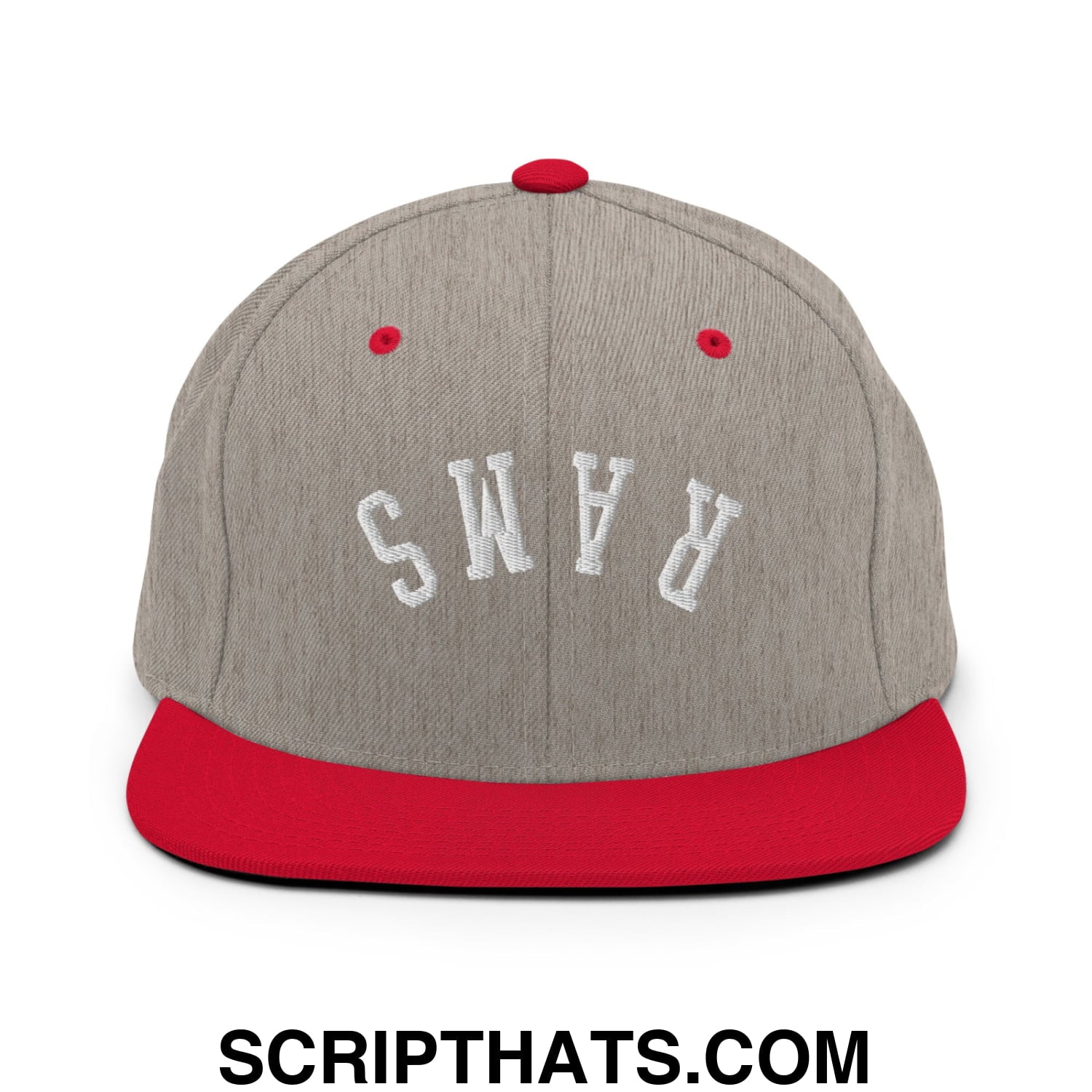 Gray and red snapback hat with white embroidered rams lettering and a flat bill brim in an upside down design
