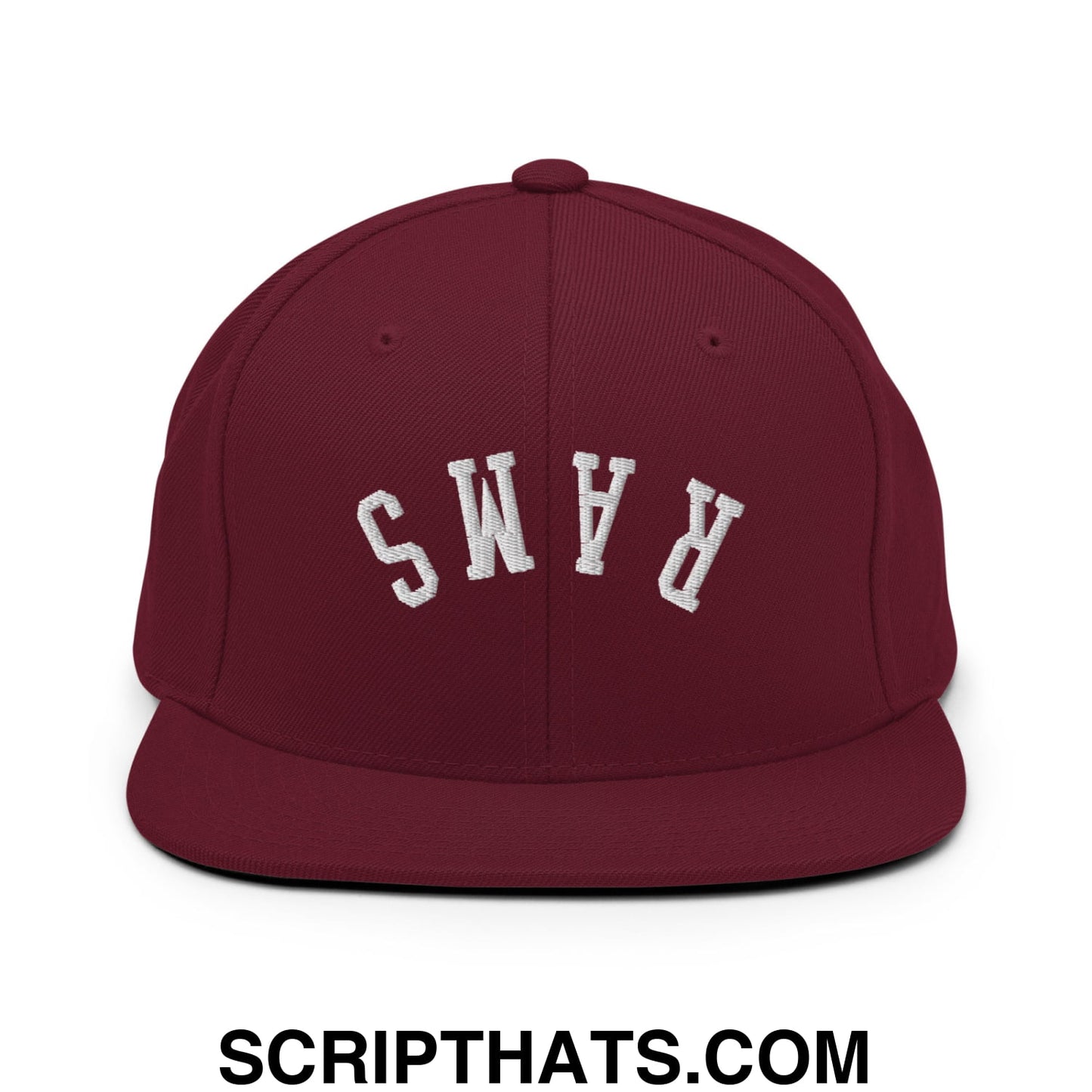 Maroon flat bill brim snapback hat with white embroidered rams lettering in upside down style