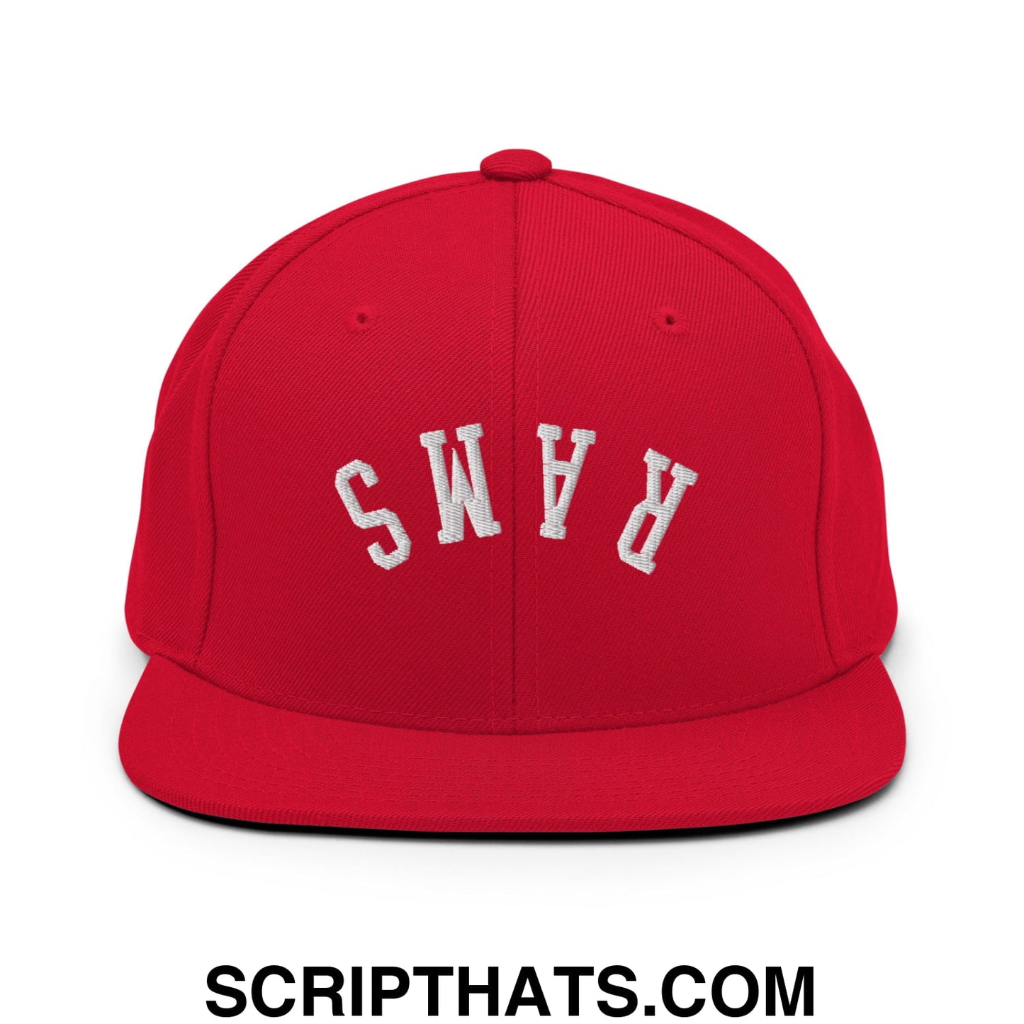 Red snapback cap with white embroidered rams lettering and flat bill brim for casual and sportswear use