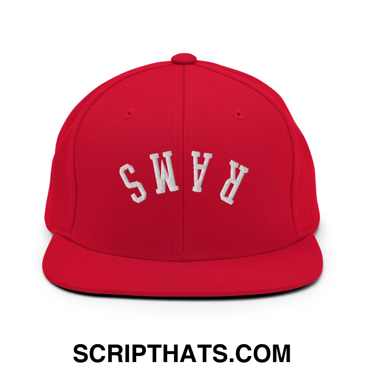 Red snapback cap with white embroidered rams lettering and flat bill brim for casual and sportswear use