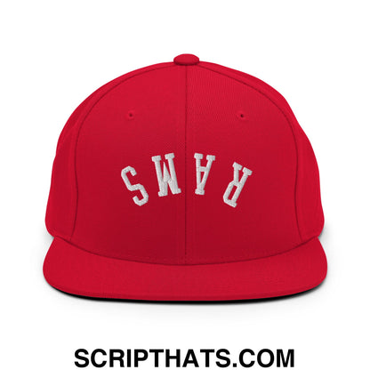 Red snapback cap with white embroidered rams lettering and flat bill brim for casual and sportswear use