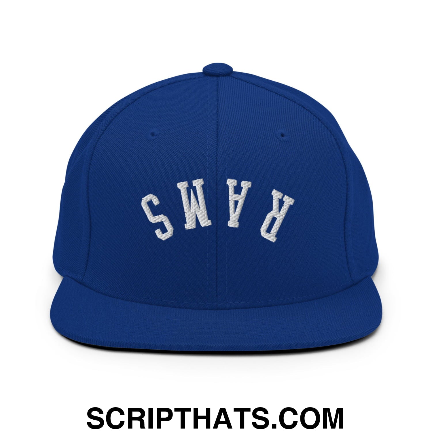 Royal blue snapback hat with white embroidered rams lettering in an arched design and flat bill brim