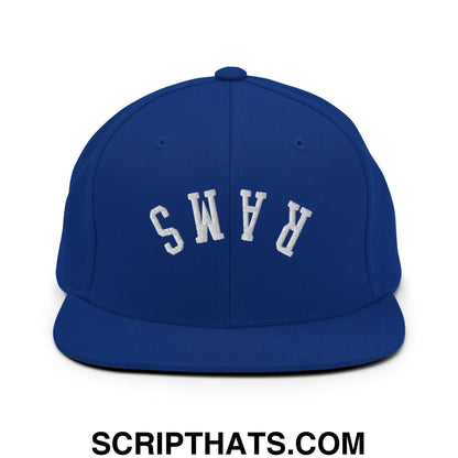 Royal blue snapback hat with white embroidered rams lettering in an arched design and flat bill brim