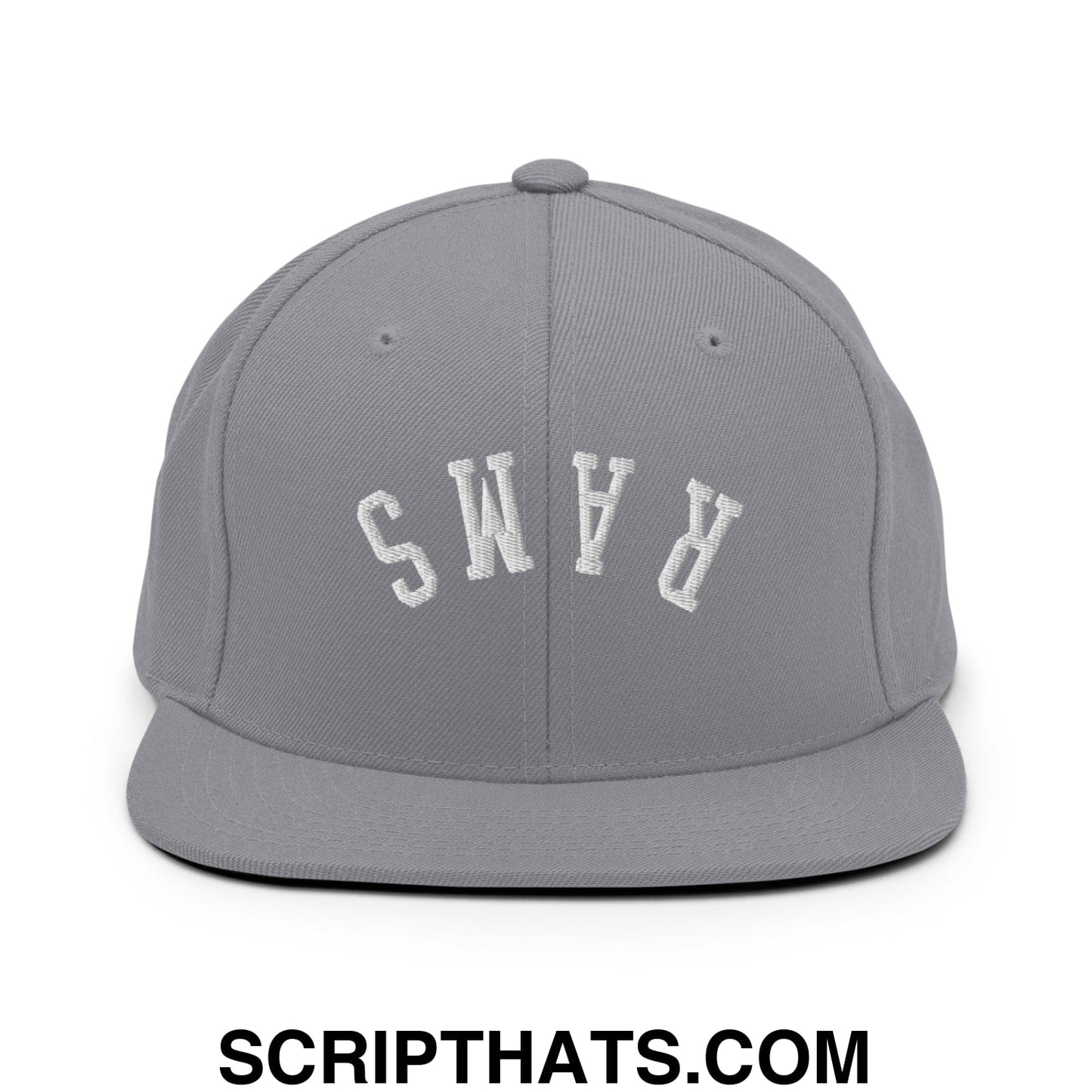 Gray snapback cap with white embroidered rams lettering and flat bill brim in upside down rams design