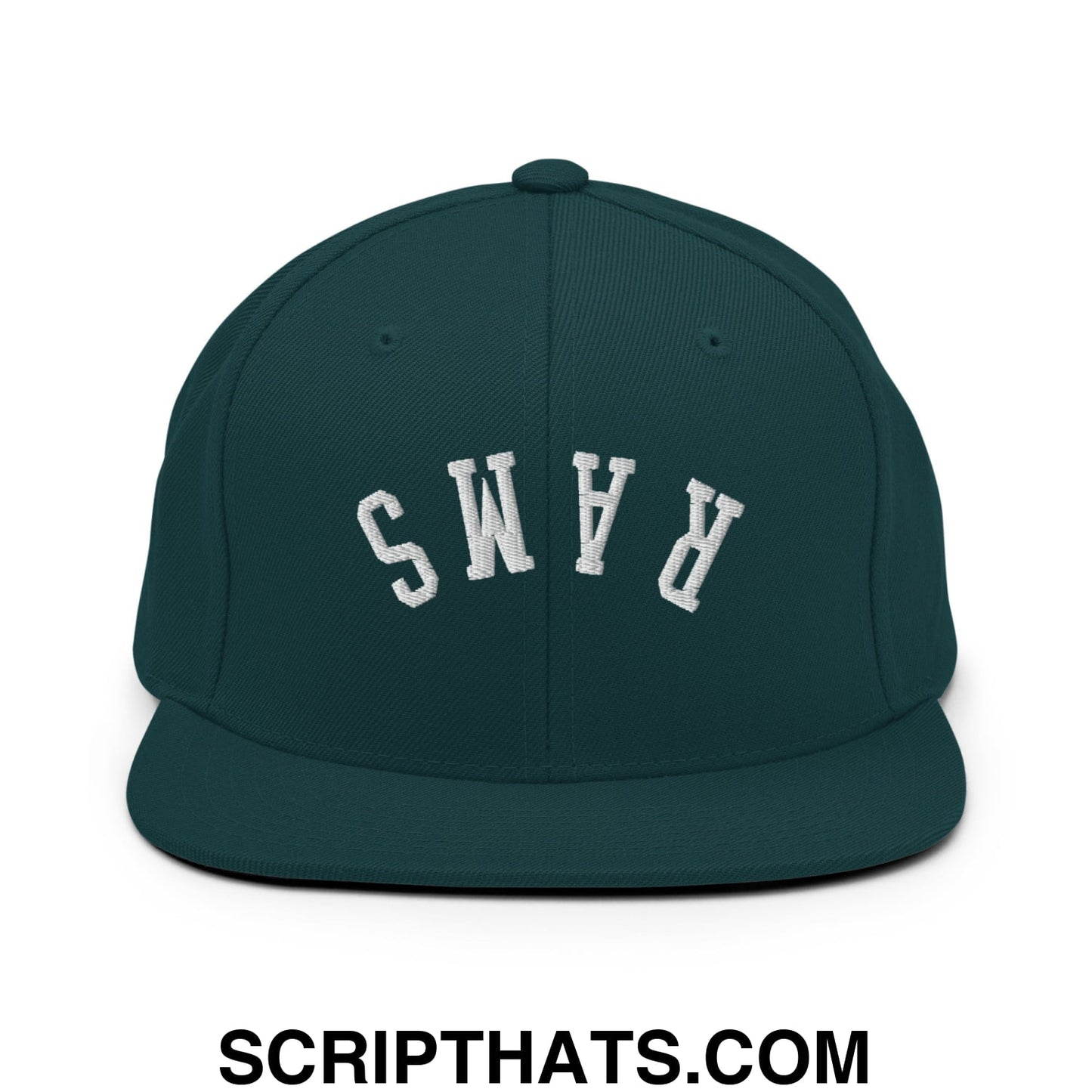 Dark green snapback hat with white embroidered rams lettering and flat bill brim for casual wear