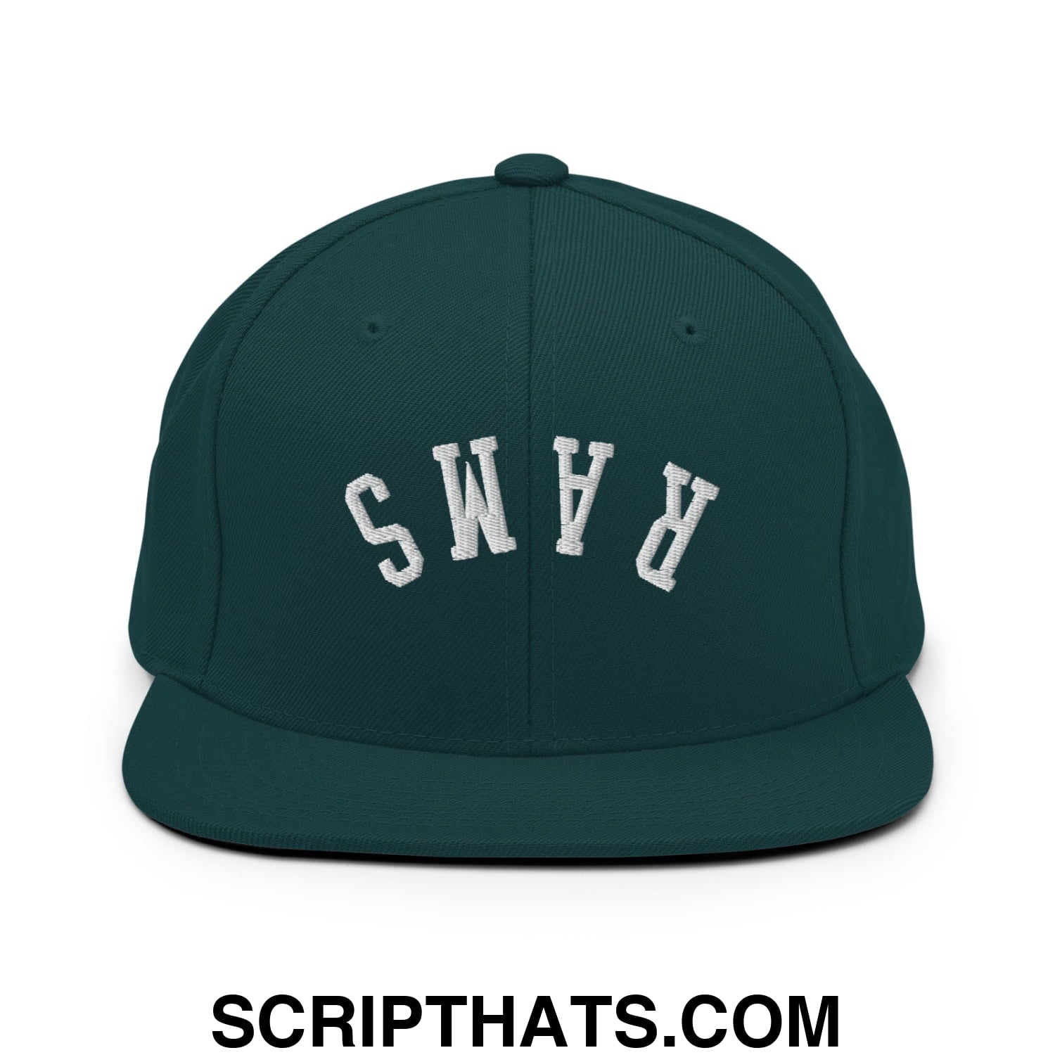 Dark green snapback hat with white embroidered rams lettering and flat bill brim for casual wear