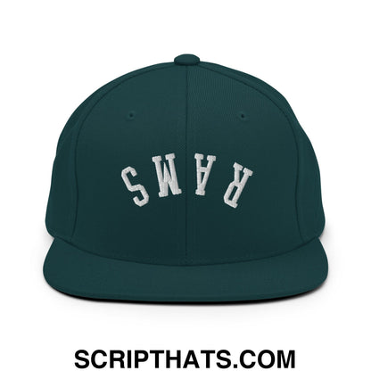Dark green snapback hat with white embroidered rams lettering and flat bill brim for casual wear