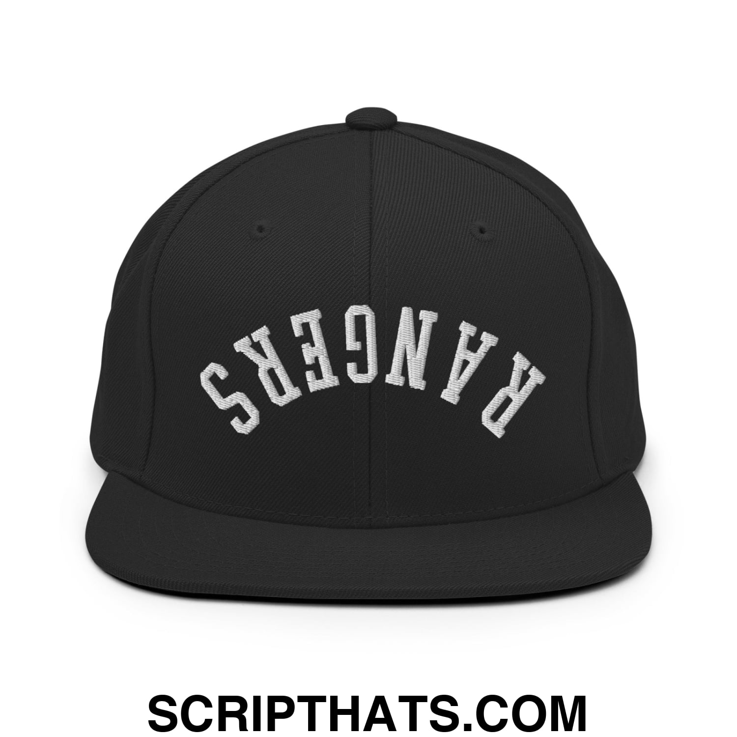 Black snapback cap with white embroidered rangers lettering in an arched design and flat bill brim