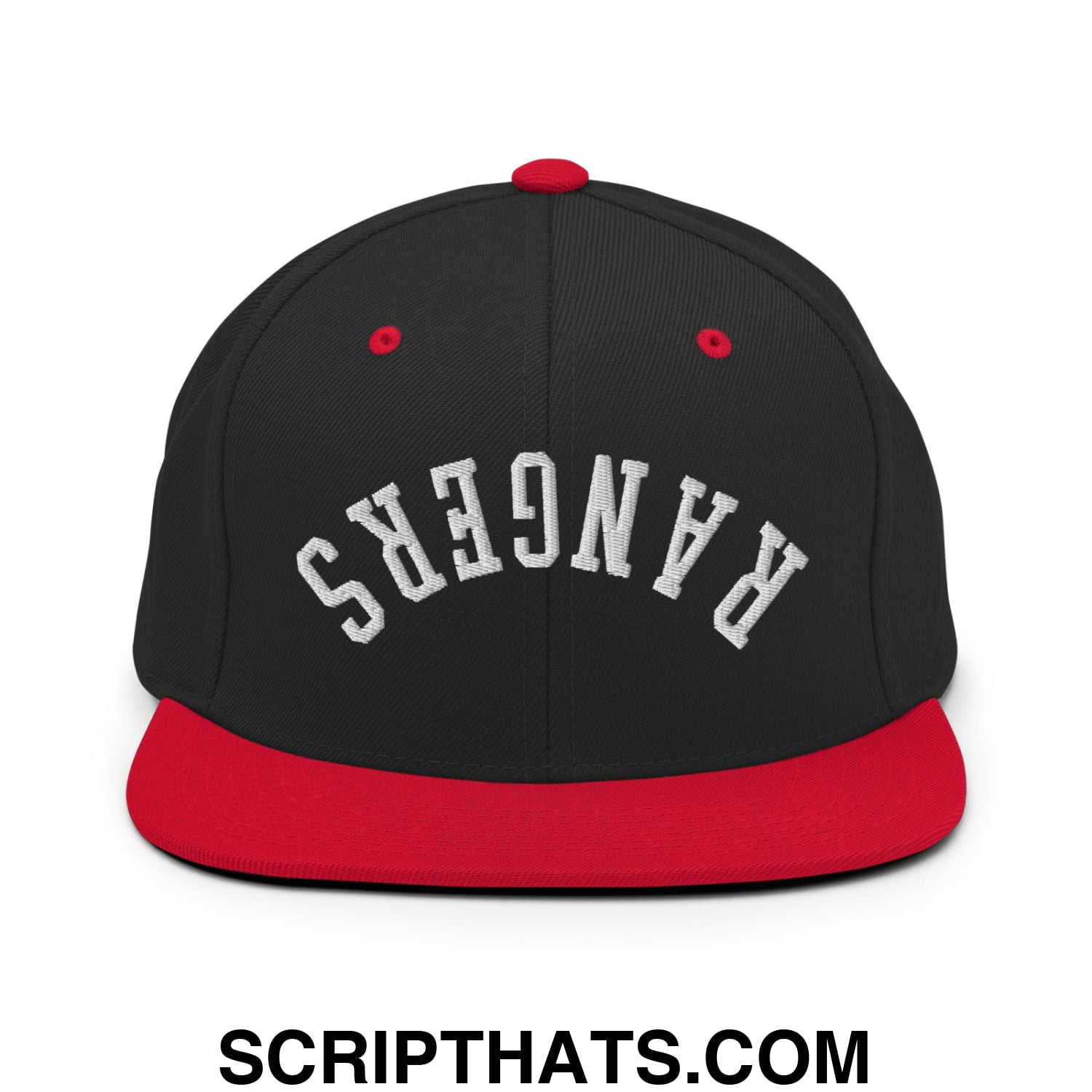 Black and red snapback cap with white embroidered rangers lettering and flat bill brim in upside down design