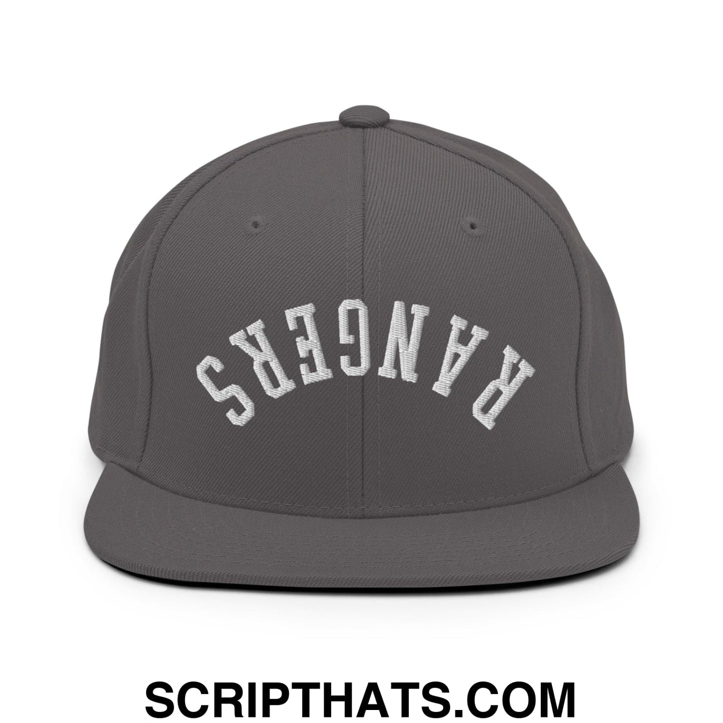 Gray snapback cap with white embroidered rangers lettering in an arched design on a flat bill brim hat