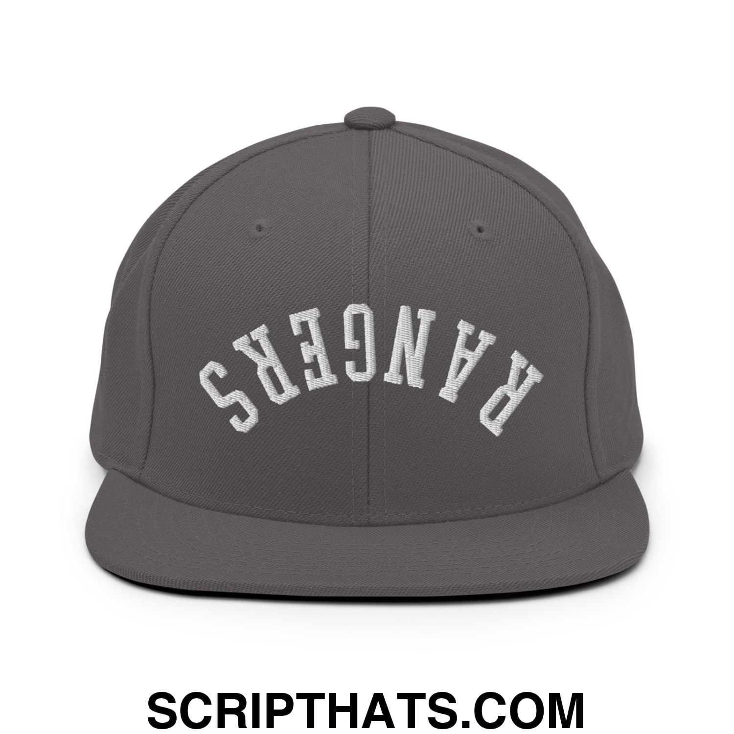 Gray snapback cap with white embroidered rangers lettering in an arched design on a flat bill brim hat