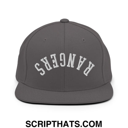 Gray snapback cap with white embroidered rangers lettering in an arched design on a flat bill brim hat