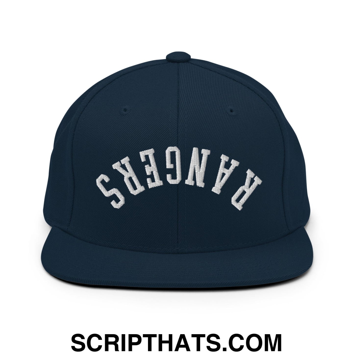 Navy blue flat bill brim snapback hat with white embroidered upside down rangers lettering on the front
