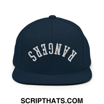 Navy blue flat bill brim snapback hat with white embroidered upside down rangers lettering on the front