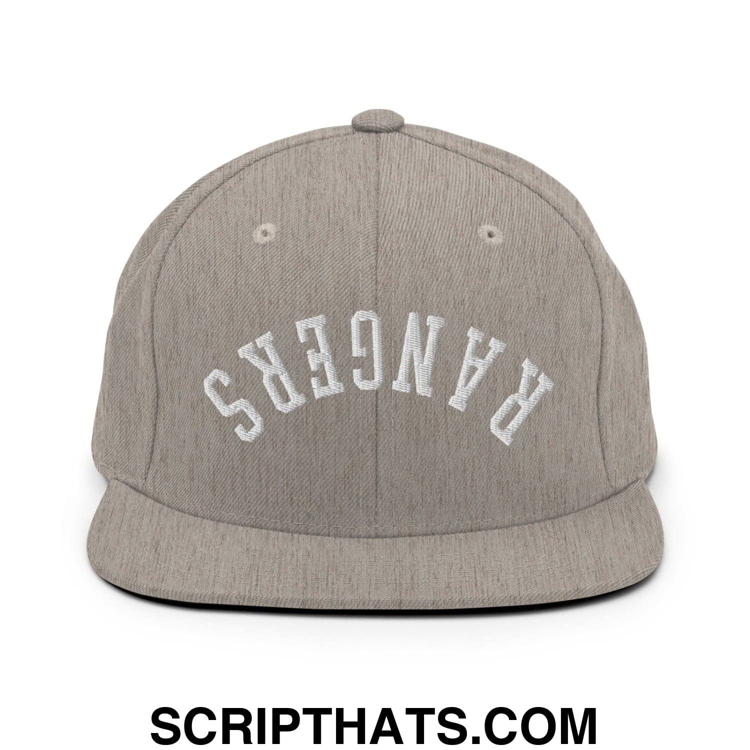 Gray heather snapback cap with white embroidered rangers arch logo and flat bill brim for casual wear