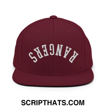Maroon snapback hat with white embroidered rangers lettering in an arched design and flat bill brim