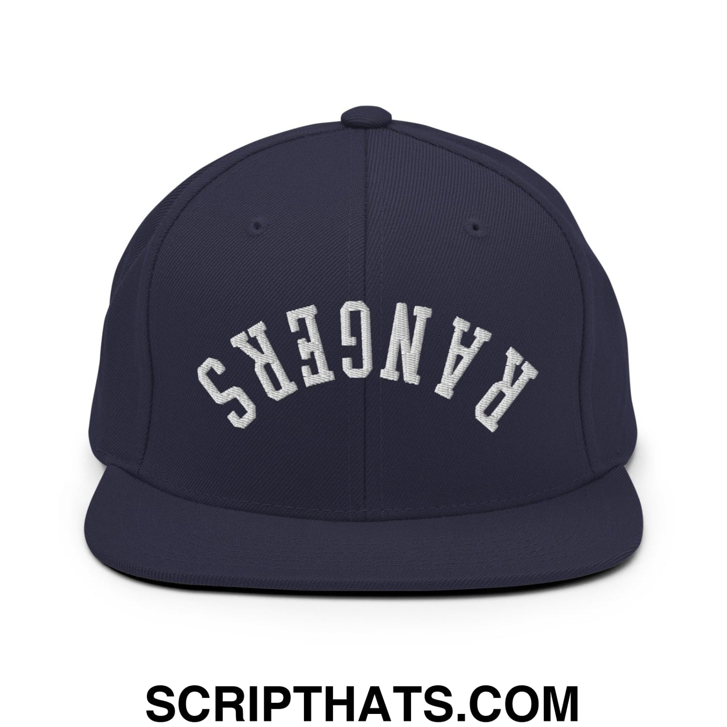 Navy blue snapback cap with white embroidered upside down rangers lettering and flat bill brim design