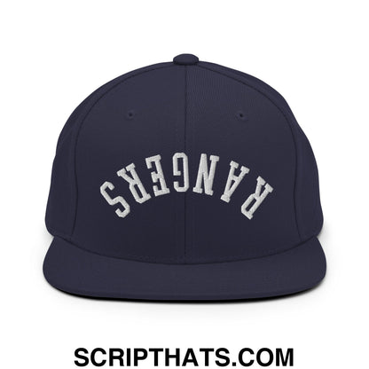 Navy blue snapback cap with white embroidered upside down rangers lettering and flat bill brim design