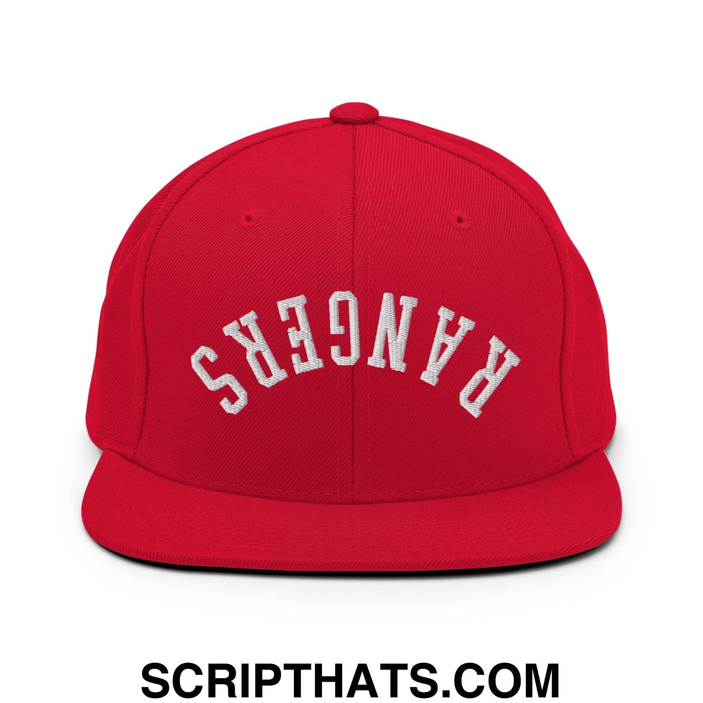 Red flat bill brim snapback hat with white embroidered rangers lettering and upside down design