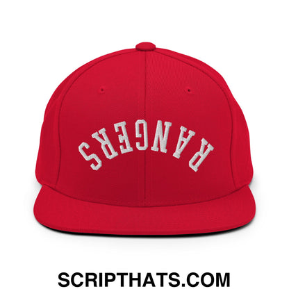 Red flat bill brim snapback hat with white embroidered rangers lettering and upside down design