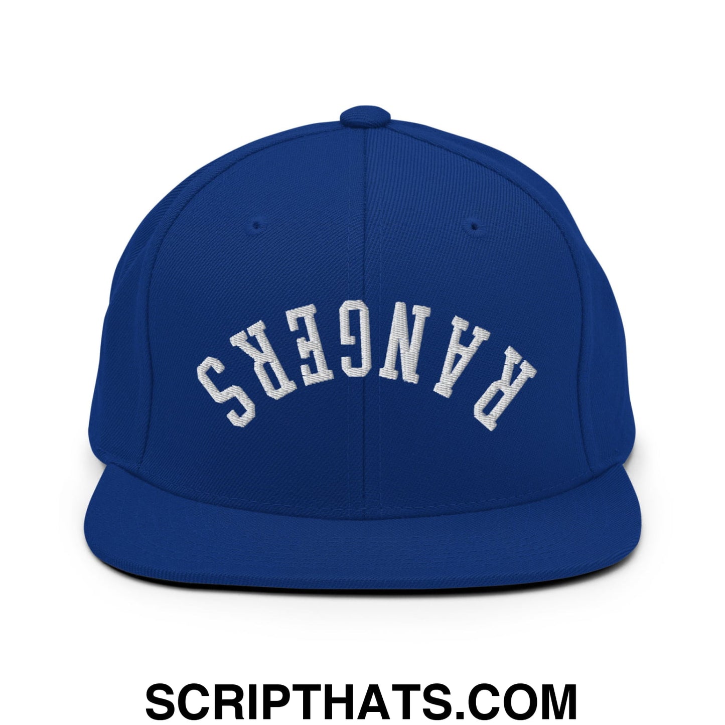 Royal blue snapback hat with white embroidered rangers lettering and a flat bill brim design