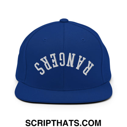 Royal blue snapback hat with white embroidered rangers lettering and a flat bill brim design