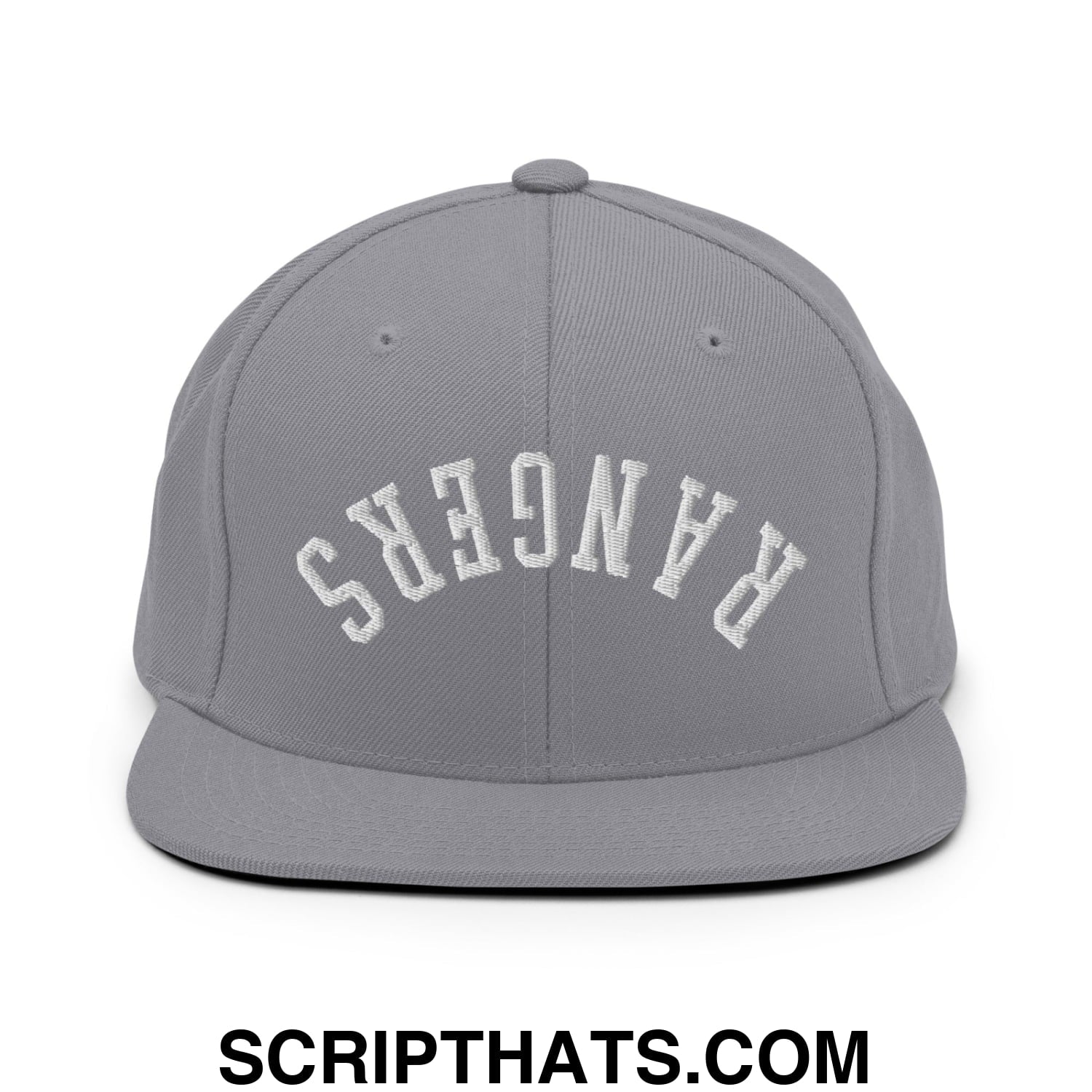 Gray snapback hat with white embroidered upside down rangers lettering and a flat bill brim design