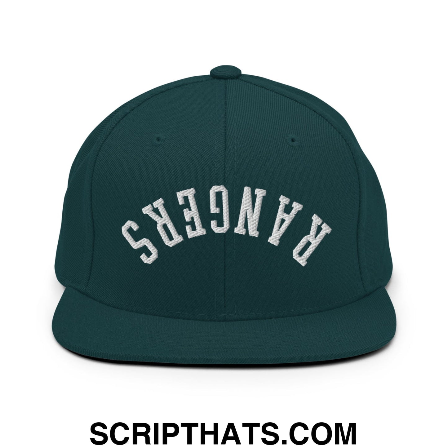 Dark green snapback hat with white embroidered rangers lettering in an arched design and flat bill brim