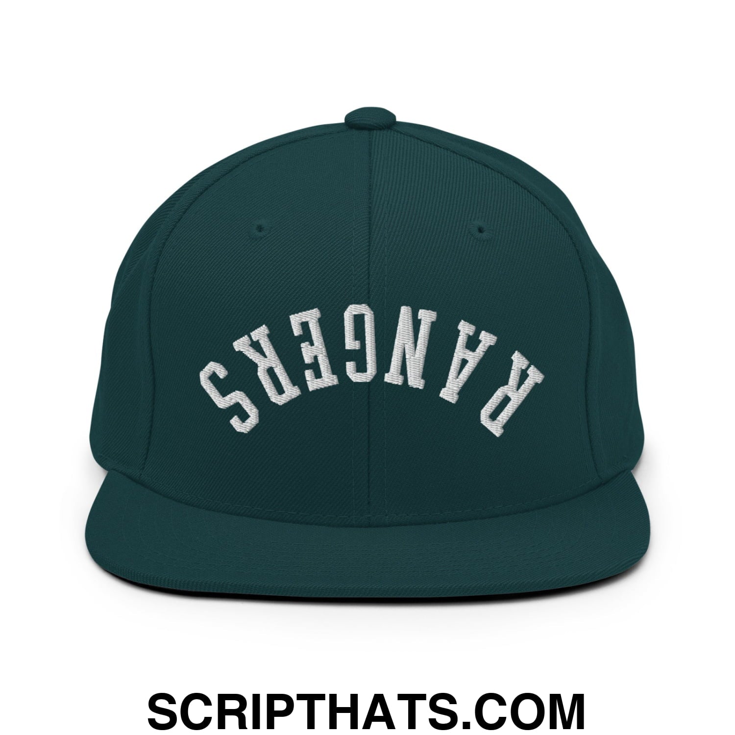 Dark green snapback hat with white embroidered rangers lettering in an arched design and flat bill brim