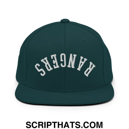 Dark green snapback hat with white embroidered rangers lettering in an arched design and flat bill brim